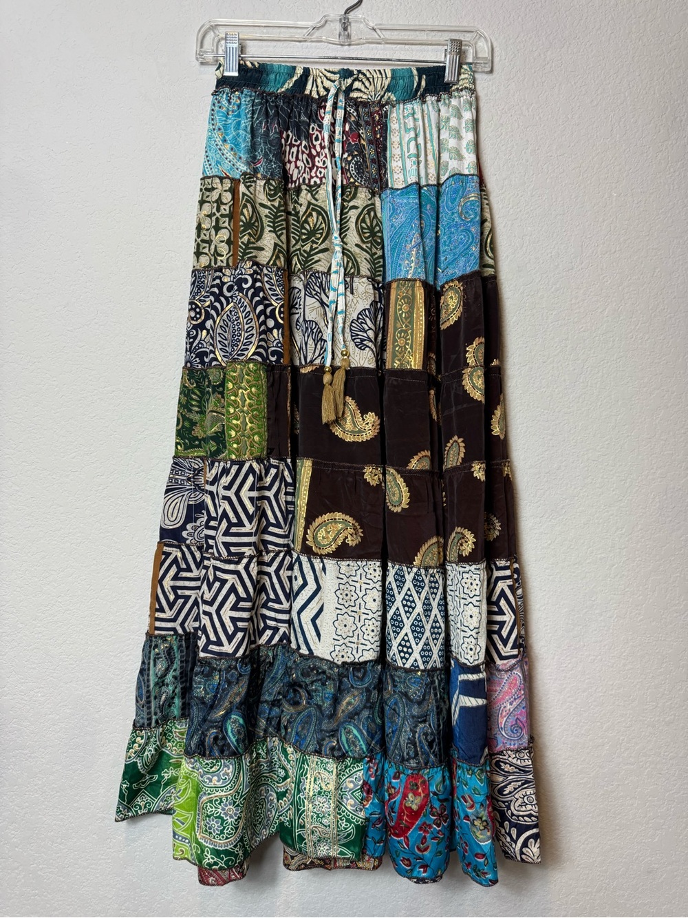 Bohemian Patchwork Maxi Skirt - Multicolor Tiered Vintage Sari Artisan One Size